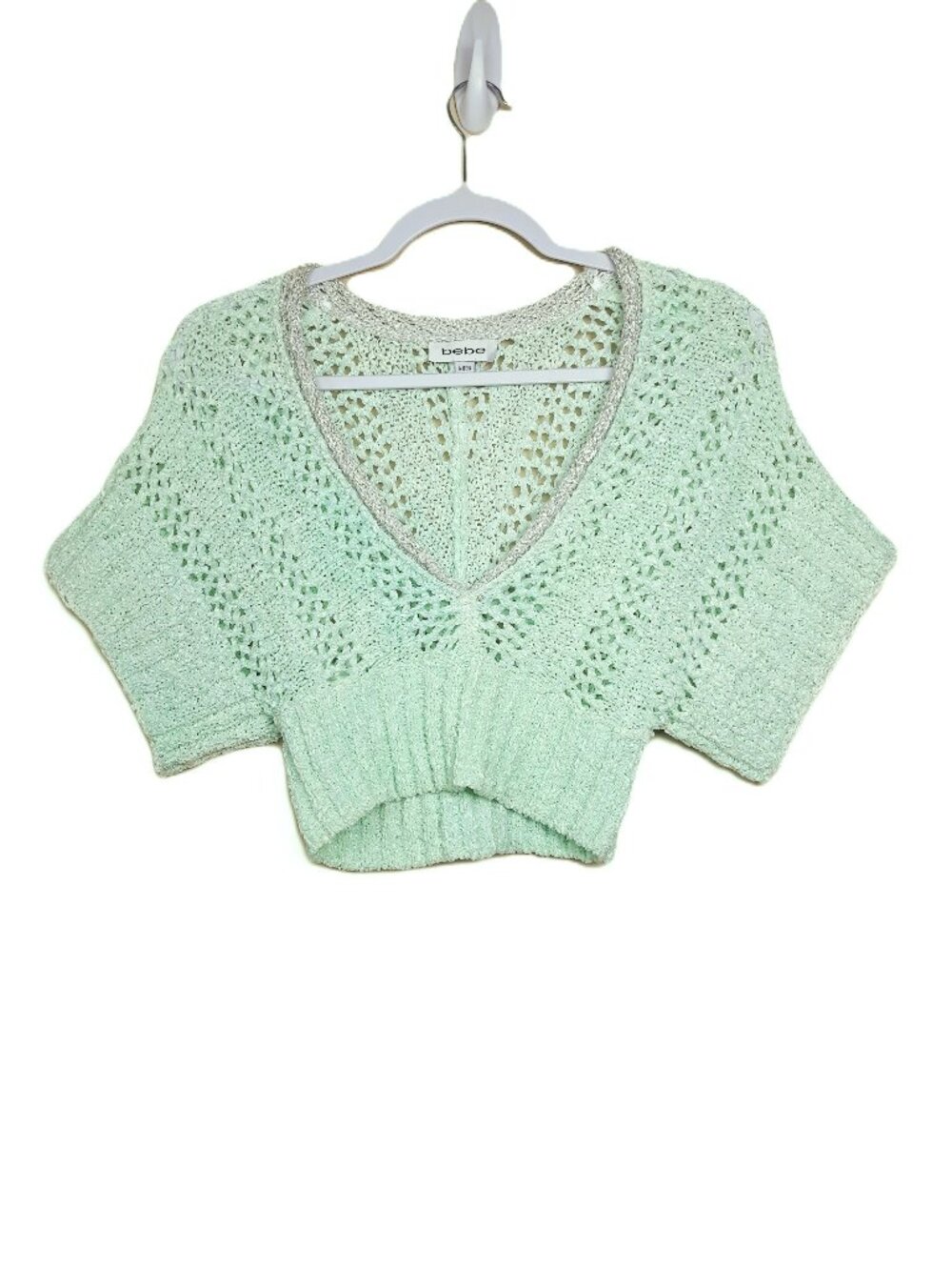 Bebe Crochet Pointelle Open-Knit Crop Top Small Ribbed Short Sleeve Vintage